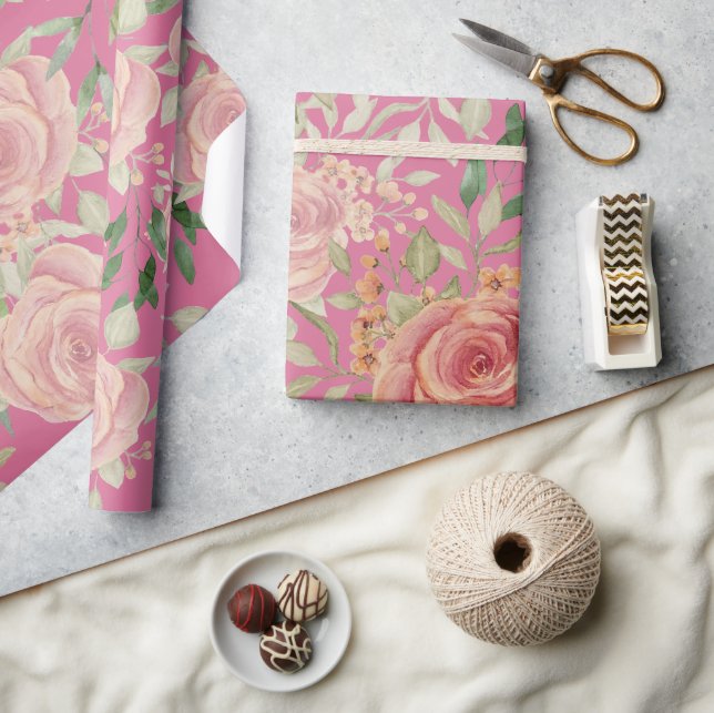 Papier Cadeau Aquarelle Rose Douce Et Orange Clair (Artisanat)