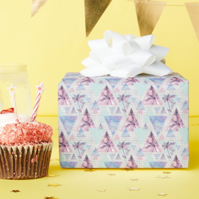 Papier Cadeau Aquarelle rose et bleu Motif de palmier (Fête d'anniversaire)