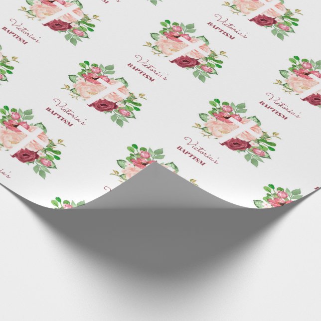 Papier Cadeau Aquarelle rose floral Baptême (Coin)