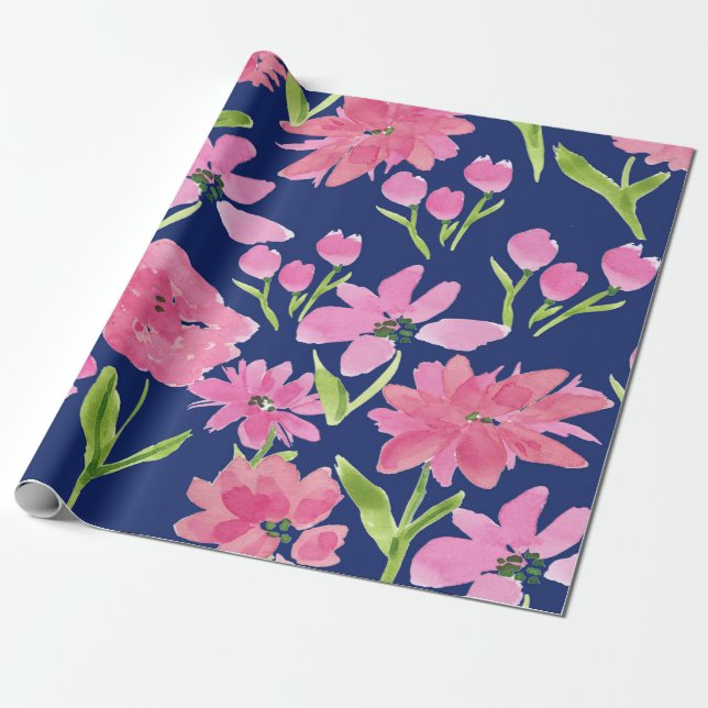 Papier Cadeau Aquarelle rose florale sur Arrière - plan de marin (Déroulé)