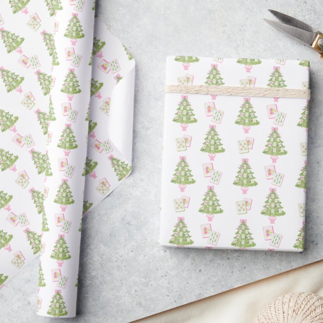 Papier Cadeau Aquarelle rose Mahjong Arbre de Noël (Créateur téléchargé)