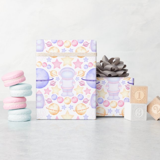 Papier Cadeau Aquarelle rose mignonne Astronautes de l'espace An (Baby Shower)