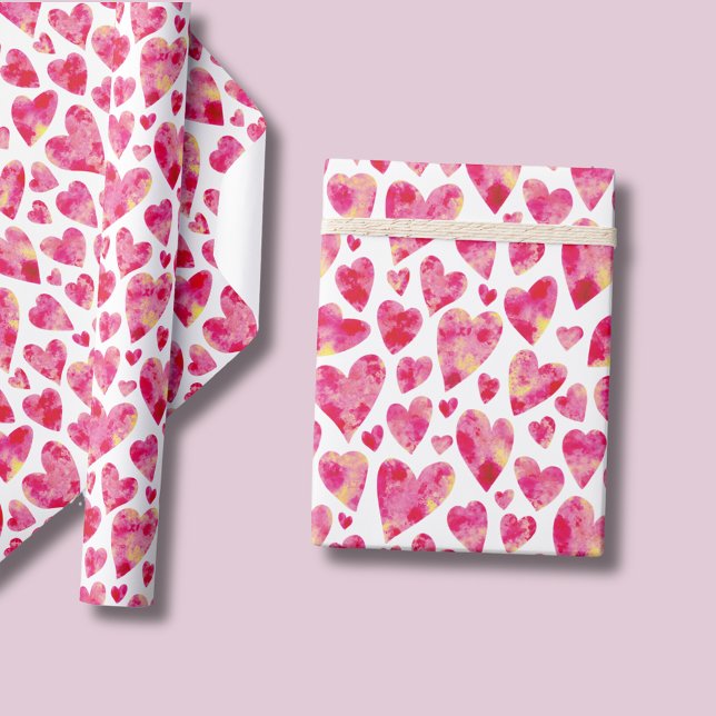 Papier Cadeau Aquarelle rose motif de coeur d'amour (Pink love heart wrapping paper  for Valentines Day, girls female birthday, wedding or engagement.)