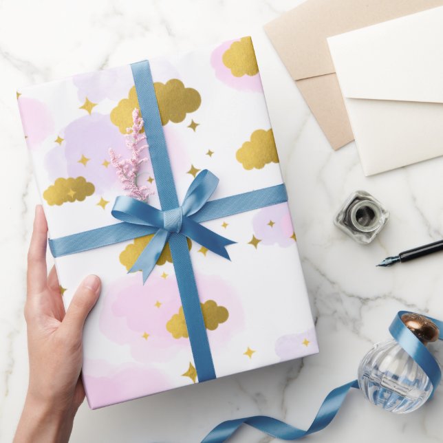 Papier Cadeau Aquarelle rose Nuages Gold Stars Sky (Cadeaux)