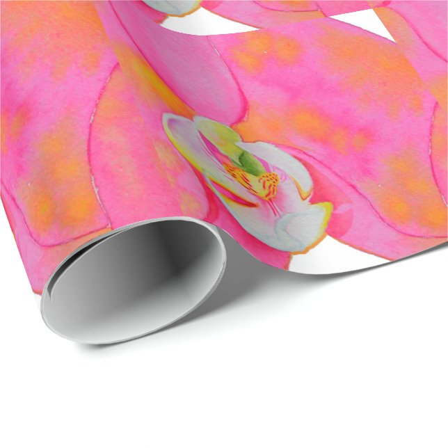 Papier Cadeau Aquarelle rose orange Orchidée peinture (Coin rond)