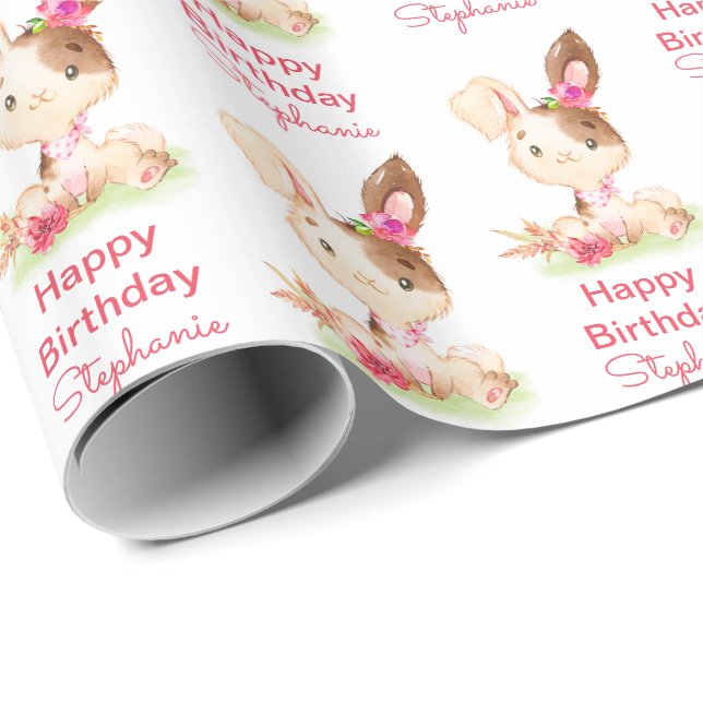 Papier Cadeau Aquarelle rose petit lapin (Coin rond)