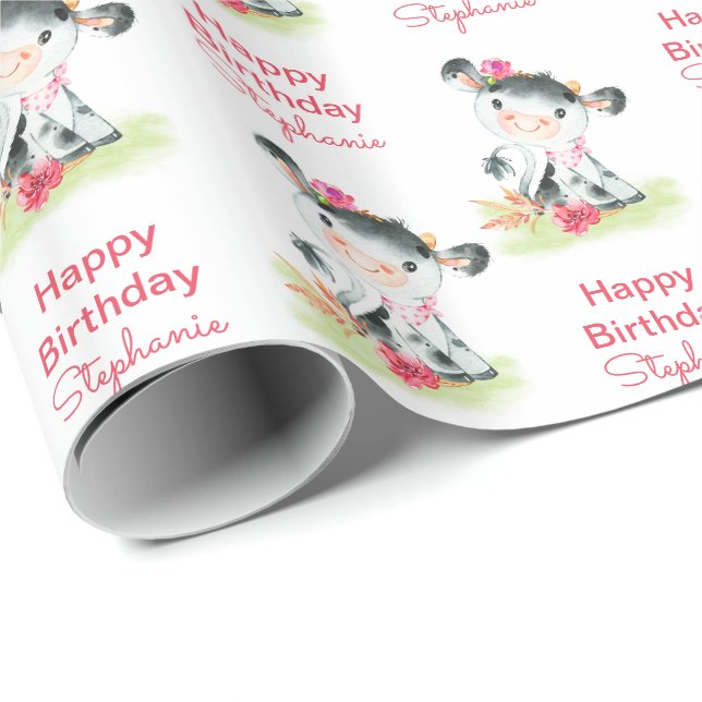 Papier Cadeau Aquarelle rose Petite vache (Coin rond)