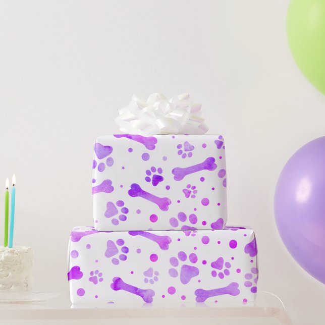 Papier Cadeau Aquarelle rose violet Empreintes de pattes Anniver (Cadeaux de fête)