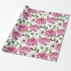 Papier Cadeau Aquarelle Roses roses et Fleurs marguerites