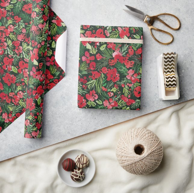 Papier Cadeau Aquarelle rouge de Noël motif vert (Artisanat)
