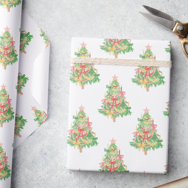 Papier Cadeau Aquarelle Rouge et Vert Coquette Arbre de Noël (Créateur téléchargé)