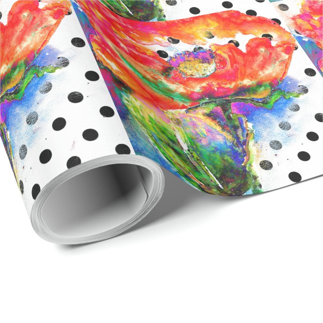 Papier Cadeau Aquarelle rouge floral noir et blanc pois-pois (Coin rond)