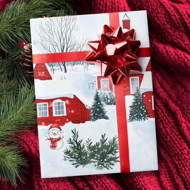 Papier Cadeau Aquarelle Rouge Nordique Maisons Snowman Noël (Watercolor Red Nordic Houses Snowman Christmas Wrapping Paper)