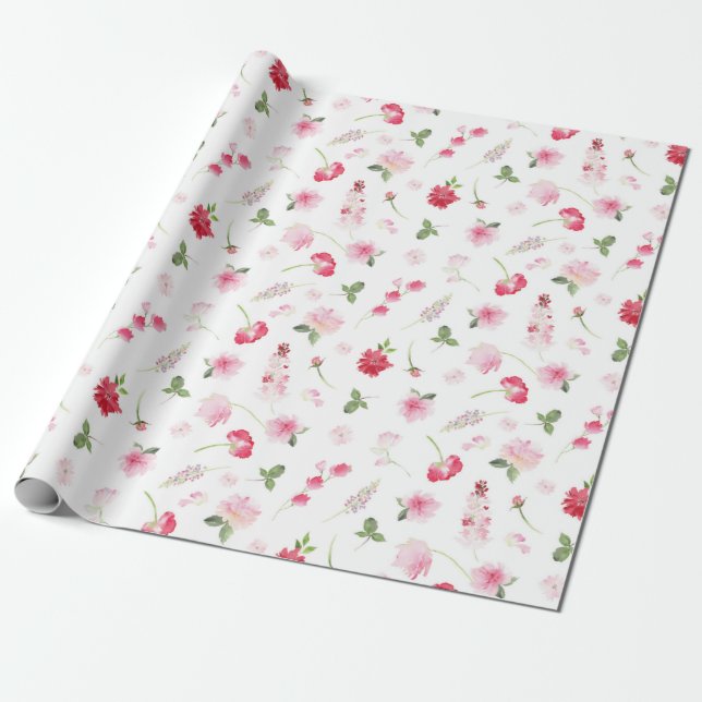 Papier Cadeau Aquarelle Rouge rose floral (Déroulé)