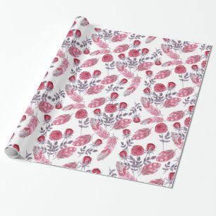 Papier Cadeau Aquarelle rouge roses fleurs plumes blanc
