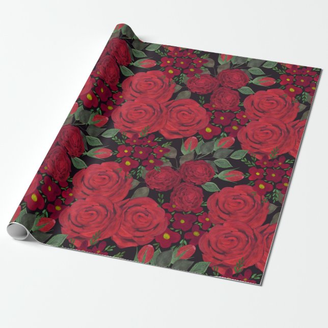 Papier Cadeau Aquarelle rouge roses sur le noir, (Déroulé)