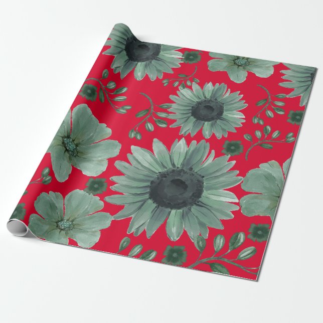 Papier Cadeau Aquarelle rouge vert Floral (Déroulé)