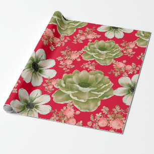 Papier Cadeau Aquarelle rouge vert Floral