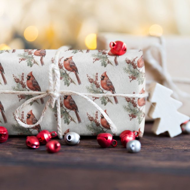 Papier Cadeau Aquarelle rustique Hiver Cardinal Holly Branche (Créateur téléchargé)