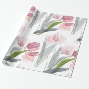 Papier Cadeau Aquarelle simple rose Tulipes de printemps vert