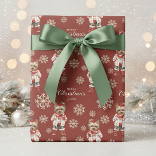 Papier Cadeau Aquarelle Snowflakes Terracotta Yorkie Noël