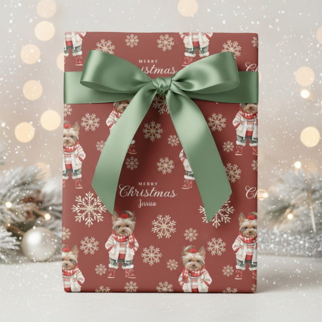 Papier Cadeau Aquarelle Snowflakes Terracotta Yorkie Noël (Créateur téléchargé)