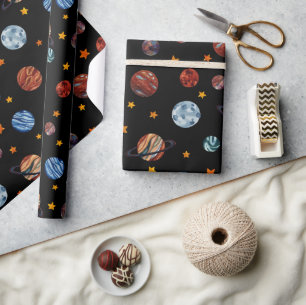 Papier Cadeau Aquarelle spatiale Planètes et étoiles