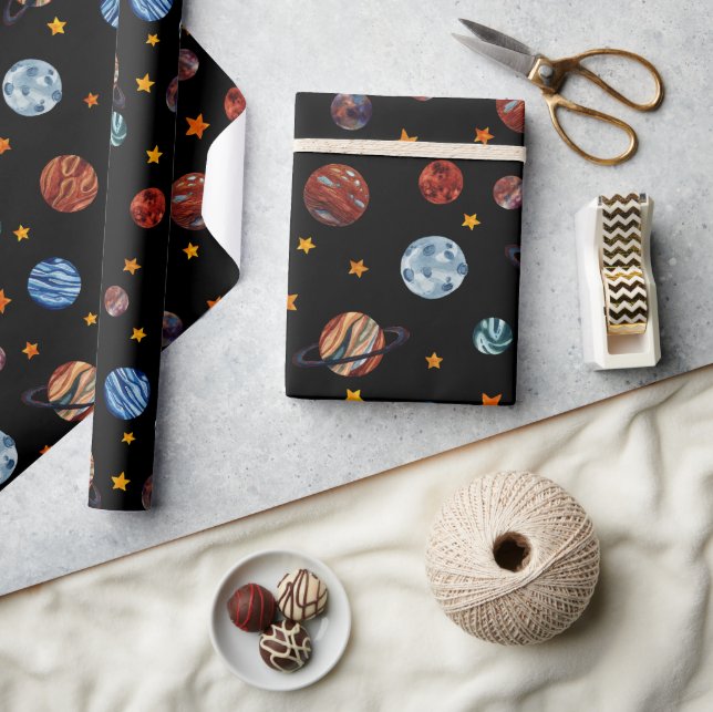 Papier Cadeau Aquarelle spatiale Planètes et étoiles (Artisanat)