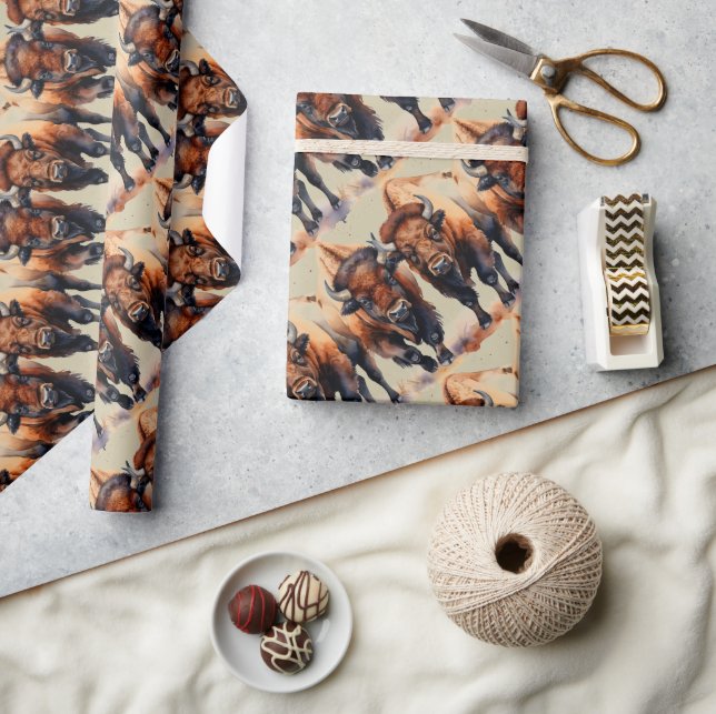 Papier Cadeau Aquarelle Style Bison Buffalo Animal Motif Art (Artisanat)