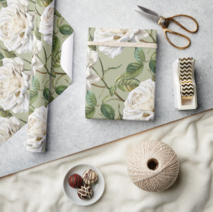 Papier Cadeau Aquarelle Style Vintage look Rose blanche Fleur
