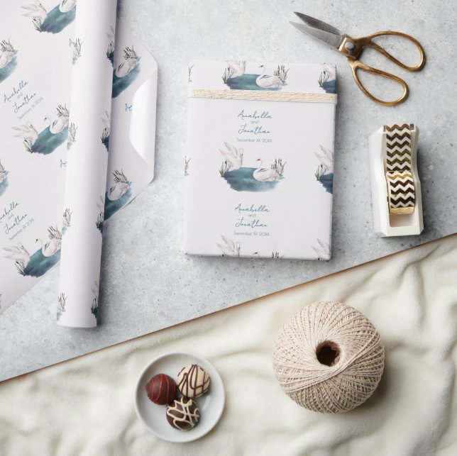 Papier Cadeau Aquarelle Swans et date Mariage (Artisanat)