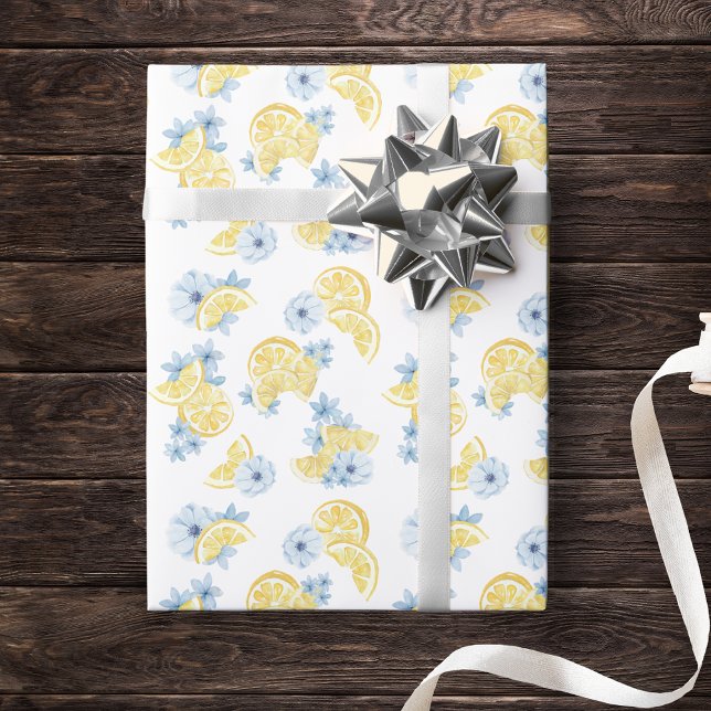 Papier Cadeau Aquarelle Tranches de Citrons et Fleurs (Watercolor Lemon & Blue Flower Gift Wrap for Baby Shower, Birthday or Main Squeeze Bridal Shower)