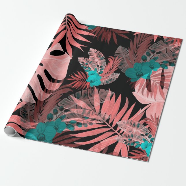 Papier Cadeau Aquarelle transparente motif avec plantes tropicau (Déroulé)