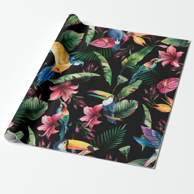 Papier Cadeau Aquarelle transparente motif, oiseaux tropicaux, t (Déroulé)
