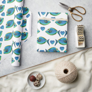 Papier Cadeau Aquarelle Tropical Blue Fish and Hearts