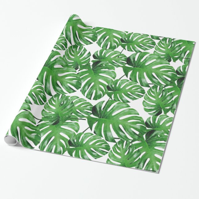 Papier Cadeau Aquarelle Tropical Monstera Feuille Motif (Déroulé)