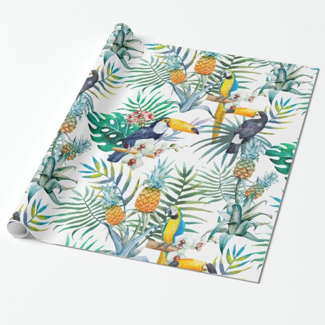 Papier Cadeau Aquarelle tropicale d'oiseau de perroquet d'ananas (Déroulé)