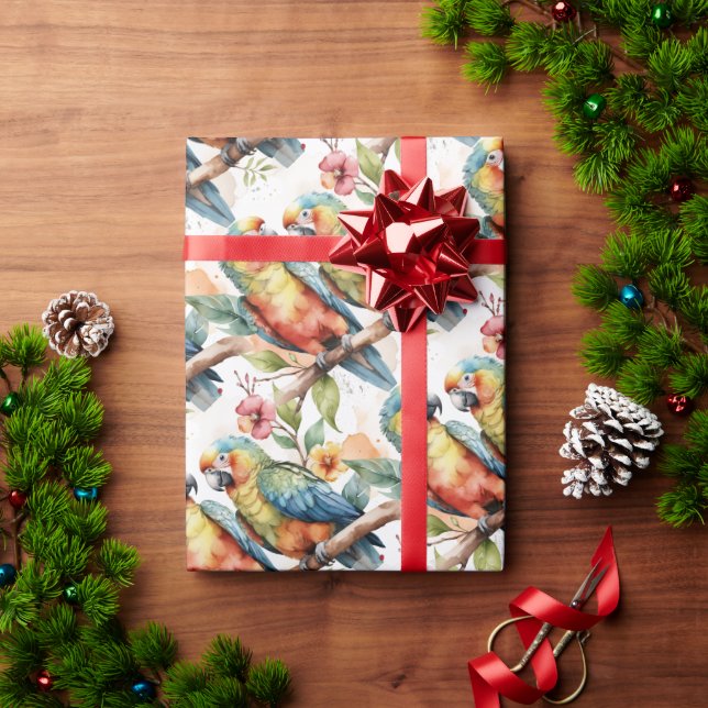 Papier Cadeau Aquarelle Tropique Thème Perroquet Oiseau Couple (Cadeau de vacances)