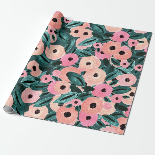 Papier Cadeau Aquarelle Turquoise et rose (Déroulé)