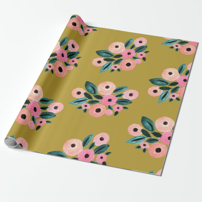 Papier Cadeau Aquarelle Turquoise, rose et or Floral (Déroulé)