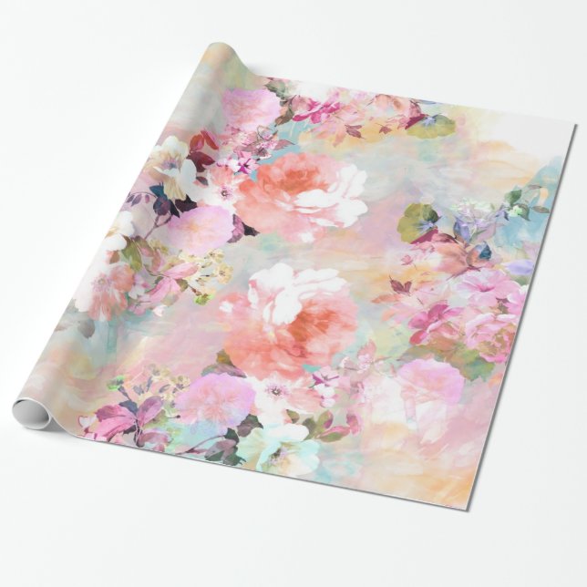 Papier Cadeau Aquarelle Turquoise rose romantique Motif floral c (Déroulé)