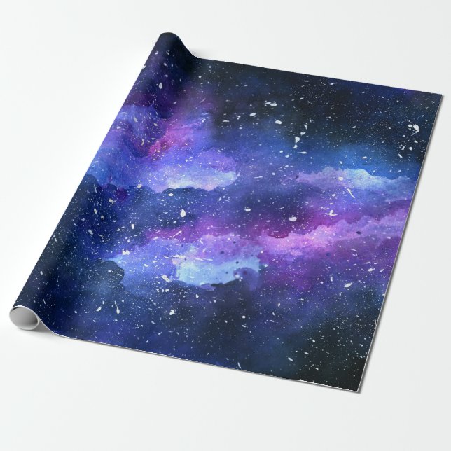 Papier Cadeau Aquarelle Universe de l'espace galaxique violet (Déroulé)
