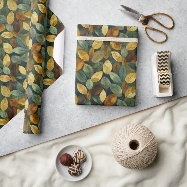 Papier Cadeau Aquarelle vert jaune orange feuilles (Artisanat)
