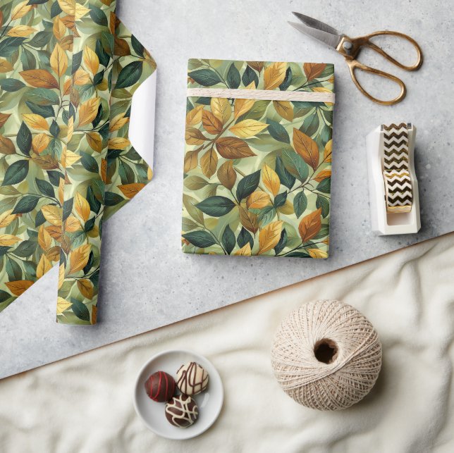 Papier Cadeau Aquarelle vert jaune orange feuilles (Artisanat)