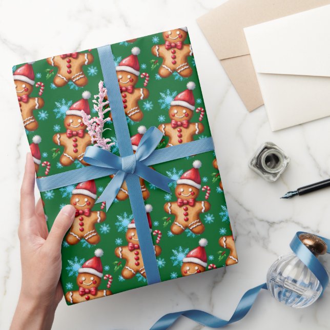 Papier Cadeau Aquarelle Vert pain d'épices homme Motif de flocon (Cadeaux)