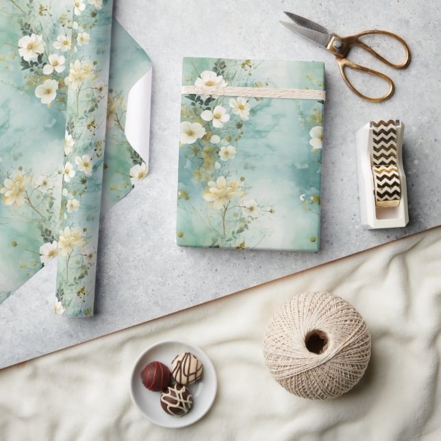 Papier Cadeau Aquarelle vert pastel et blanc fleurs sauvages (Artisanat)