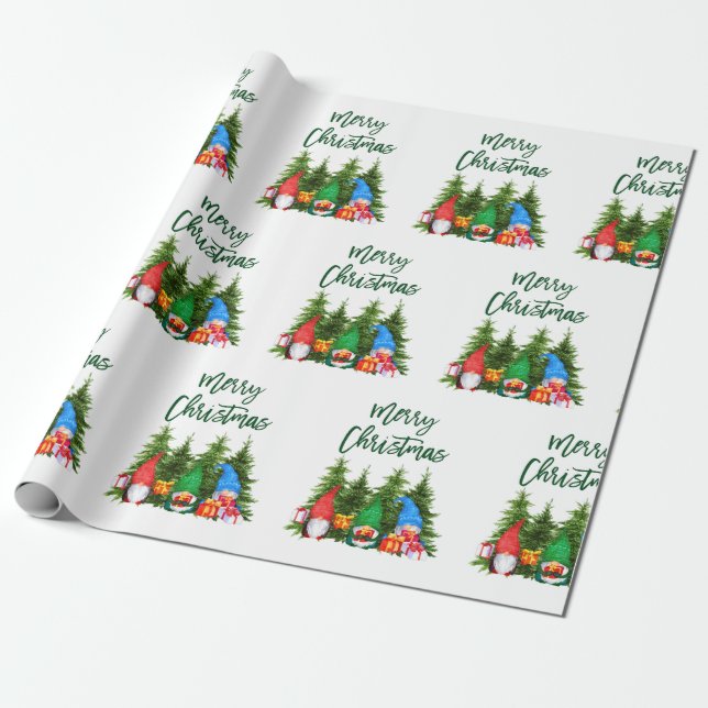 Papier Cadeau Aquarelle vert Script Brush Gnomes Arbres (Déroulé)