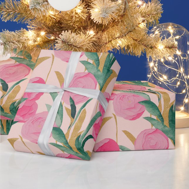 Papier Cadeau Aquarelle Vibrant Peint rose Fleurs de printemps (Vacances)