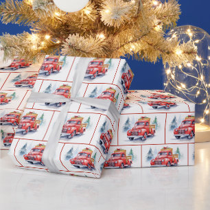 Papier Cadeau Aquarelle Vieux Camion Rouge En Neige