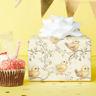 Papier Cadeau Aquarelle vintage Bébé poussins et printemps flora